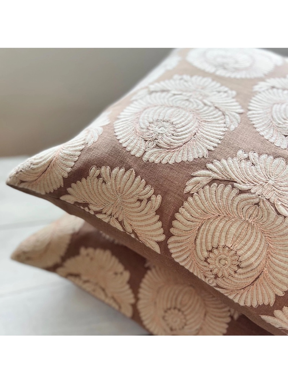 2 POTTERY BARN Brocade Embroidered SABYASACHI Brown 20" Pillow Covers Floral Tan
